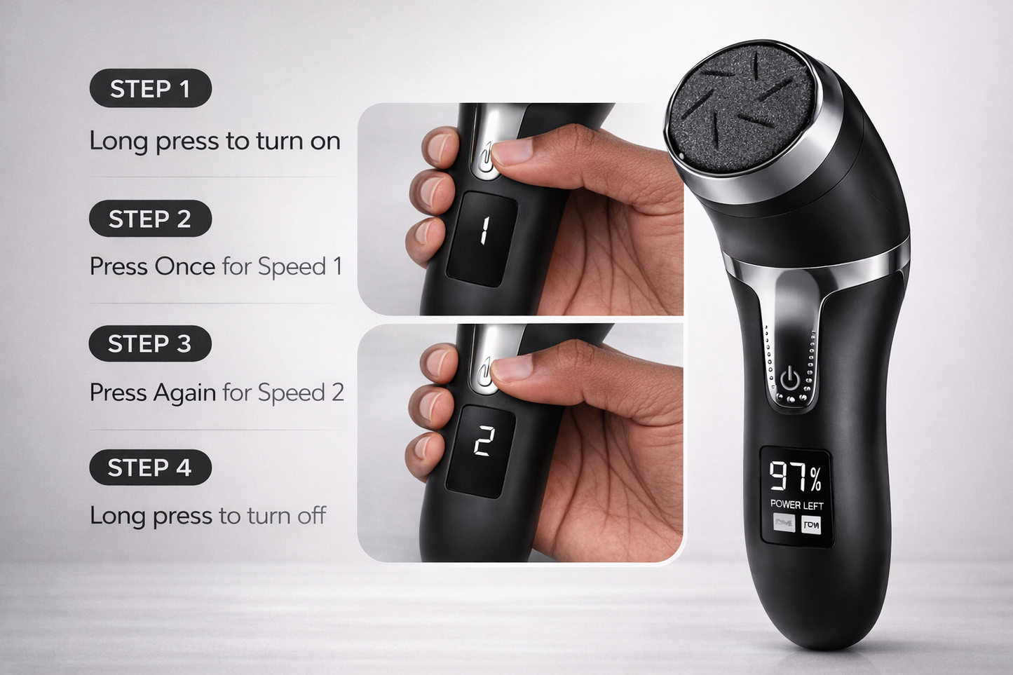 Black electric foot file with user instructions on a white background