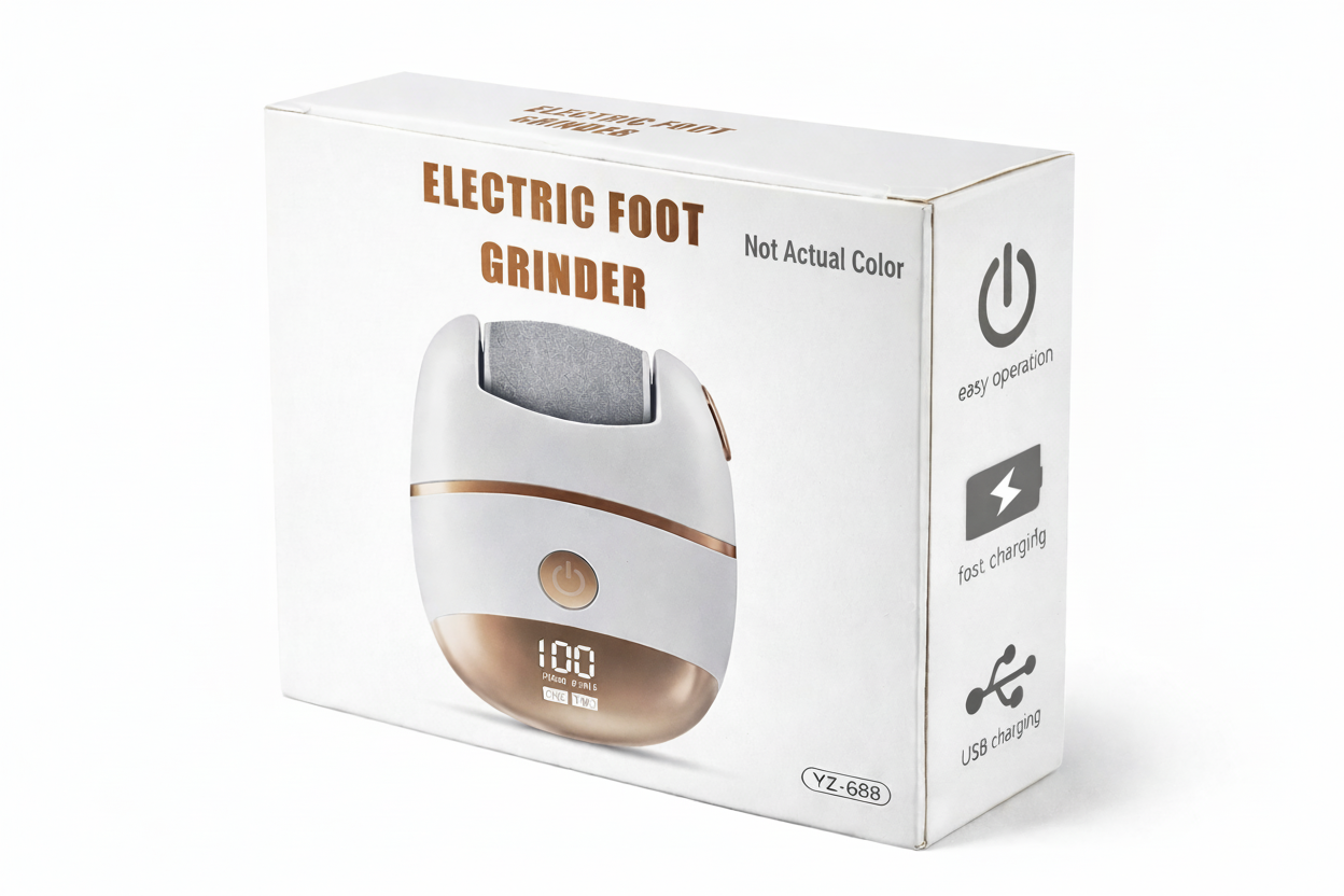 Box of an electric foot grinder with product image and features on a white background