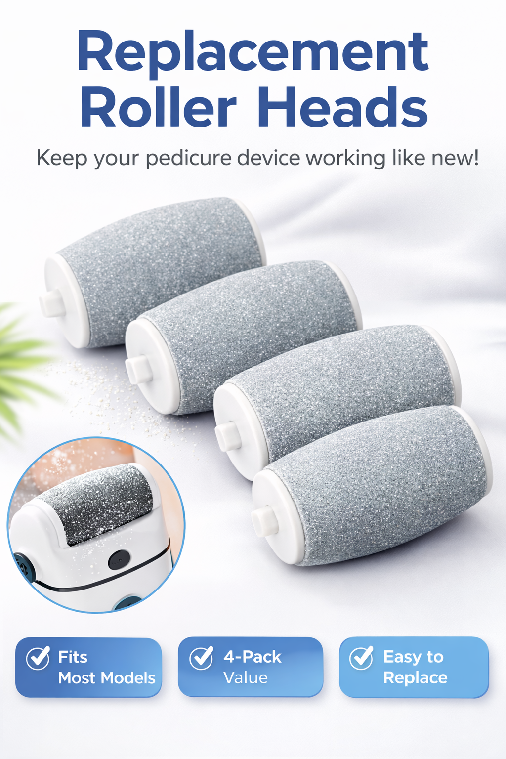 Replacement roller heads for a pedicure device on a white background with text highlighting features.